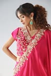 Kesar Studio_Fuchsia Silk Hand Embroidered Thread And Zari Work V Neck Blouse Skirt Set _Online_at_Aza_Fashions