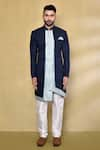 Buy_Arihant Rai Sinha_Blue Kurta Jacquard Silk Woven Geometric Pattern Asymmetric Nawabi Set _Online_at_Aza_Fashions