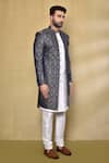 Arihant Rai Sinha_Blue Kurta Jacquard Silk Woven Mughal Floral Pattern Asymmetric Nawabi Set _Online_at_Aza_Fashions