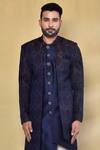 Arihant Rai Sinha_Blue Jacquard, Silk Geometric Pattern Woven Jacket With Kurta Set _Online_at_Aza_Fashions