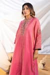 Shop_The White Tree Studio_Pink Kurta Handloom Cotton Embroidery Thread V Placket And Pant Set _Online_at_Aza_Fashions