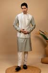 Buy_Agape_Silver Suiting And Cotton Silk Pintuck Stripe Pattern Bundi Kurta Set _at_Aza_Fashions