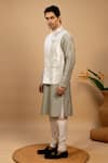 Agape_Silver Suiting And Cotton Silk Pintuck Stripe Pattern Bundi Kurta Set _Online_at_Aza_Fashions