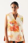 Til_Multi Color Chanderi, Cotton V-neck Florid Floral Print Gilet _Online_at_Aza_Fashions