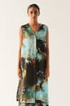 Til_Multi Color Chanderi V-neck Florid Hand Painted Tunic And Trouser Set _Online_at_Aza_Fashions