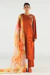 Buy_Til_Orange Cotton, Linen Embroidery Round Neck Sedona Boyfriend Kurta And Pant Set _at_Aza_Fashions