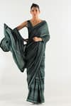 Buy_TIL_Green Cotton Silk Satin Dyed Stripe V-neck Print Saree With Blouse _at_Aza_Fashions