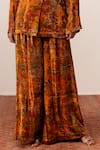 REENA SHARMA_Orange Viscose Velvet Print Floral Plunging V Nargis Jacket With Pleated Pant _Online_at_Aza_Fashions