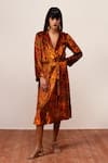 Buy_Reena Sharma_Orange Velvet Collared Nargis Print Dress With Belt _at_Aza_Fashions