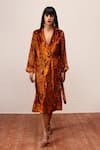 Buy_Reena Sharma_Orange Velvet Collared Nargis Print Dress With Belt _Online_at_Aza_Fashions