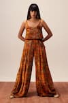 Shop_Reena Sharma_Orange Viscose, Velvet Sweetheart Neck Nargis Print Cami Top With Pant _Online_at_Aza_Fashions