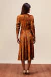 Shop_Reena Sharma_Orange Viscose, Velvet Round Neck Nargis Print Midi Dress _at_Aza_Fashions