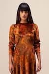 Reena Sharma_Orange Viscose, Velvet Round Neck Nargis Print Midi Dress _Online_at_Aza_Fashions