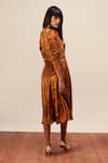 Buy_Reena Sharma_Orange Viscose, Velvet Round Neck Nargis Print Midi Dress _Online_at_Aza_Fashions