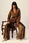 Reena Sharma_Green Viscose, Velvet Plunge Neck Nargis Floral Print Jacket With Pant _Online_at_Aza_Fashions