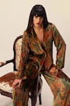 Buy_Reena Sharma_Green Viscose, Velvet Plunge Neck Nargis Floral Print Jacket With Pant _Online_at_Aza_Fashions