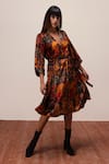 REENA SHARMA_Blue Viscose Velvet Print Floral V Neck Nargis Abstract Dress With Belt _Online_at_Aza_Fashions