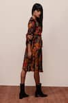 Buy_REENA SHARMA_Blue Viscose Velvet Print Floral V Neck Nargis Abstract Dress With Belt _Online_at_Aza_Fashions