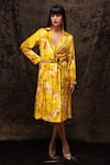 Buy_REENA SHARMA_Yellow Viscose Velvet Print Floral Lapel Collar Nargis Robe Dress With Belt _at_Aza_Fashions