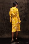 Shop_REENA SHARMA_Yellow Viscose Velvet Print Floral Lapel Collar Nargis Robe Dress With Belt _at_Aza_Fashions