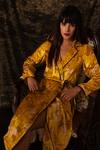 Shop_REENA SHARMA_Yellow Viscose Velvet Print Floral Lapel Collar Nargis Robe Dress With Belt _Online_at_Aza_Fashions