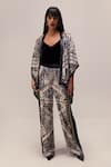 Buy_REENA SHARMA_Black Viscose Velvet Print Geometric Open Neck Nikita Kimono Jacket With Pant _at_Aza_Fashions