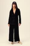 Buy_REENA SHARMA_Black Silk Velvet Plain Plunging V Neck Jacket With Pant _at_Aza_Fashions