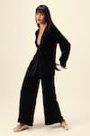 Shop_REENA SHARMA_Black Silk Velvet Plain Plunging V Neck Jacket With Pant _Online_at_Aza_Fashions