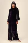 Buy_REENA SHARMA_Purple Silk Velvet Plain Round Neck Long Tunic With Pant _at_Aza_Fashions