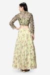 Shop_Bha sha_Green Bustier- Chanderi Printed Floral Jacket V Ana Tiered Lehenga Set With_at_Aza_Fashions