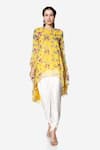 Buy_Bha sha_Yellow Tunic- Georgette Printed Floral Round Brea And Dhoti Pant Set _at_Aza_Fashions