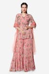 Buy_Bha sha_Pink Tunic And Sharara- Georgette Printed Floral V Neck Ina Peplum Set _at_Aza_Fashions