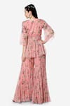 Shop_Bha sha_Pink Tunic And Sharara- Georgette Printed Floral V Neck Ina Peplum Set _at_Aza_Fashions