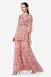 Buy_Bha sha_Pink Tunic And Sharara- Georgette Printed Floral V Neck Ina Peplum Set _Online_at_Aza_Fashions