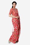 Buy_Bha sha_Coral Blouse And Belt- Raw Silk Printed Round Maya Saree With Embroidered _Online_at_Aza_Fashions