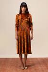 Reena Sharma_Orange Viscose, Velvet Round Neck Nargis Print Midi Dress _at_Aza_Fashions