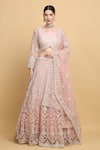 Buy_Aham-Vayam_Pink Net Embroidered Floral Leaf Neck Suhana Bridal Lehenga Set _at_Aza_Fashions