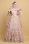 Buy_Aham-Vayam_Pink Net Embroidered Floral Leaf Neck Suhana Bridal Lehenga Set _Online_at_Aza_Fashions