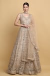 Buy_Aham-Vayam_Beige Net Embroidered Floral Leaf Neck Swanidhya Bridal Lehenga Set _at_Aza_Fashions