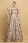 Buy_Aham-Vayam_Beige Net Embroidered Floral Leaf Neck Swanidhya Bridal Lehenga Set _Online_at_Aza_Fashions