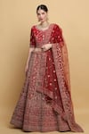 Buy_Aham-Vayam_Red Lehenga And Blouse Cotton Velvet Embroidered Floral Leaf Shaheen Bridal Set _at_Aza_Fashions