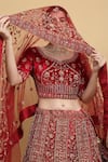 Buy_Aham-Vayam_Red Lehenga And Blouse Cotton Velvet Embroidered Floral Leaf Shaheen Bridal Set 