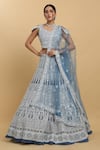 Buy_Aham-Vayam_Blue Net Embroidered Mirror Leaf Neck Suhana Lehenga Set _at_Aza_Fashions