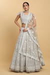 Buy_Aham-Vayam_Silver Net Embroidered Mirror Round Neck Chandra Kiran Lehenga Set _at_Aza_Fashions