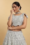 Shop_Aham-Vayam_Silver Net Embroidered Mirror Round Neck Chandra Kiran Lehenga Set _at_Aza_Fashions