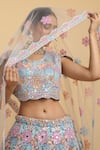 Shop_Aham-Vayam_Multi Color Net Embroidered Mirror Round Neck Bahaara Thread And Lehenga Set _at_Aza_Fashions