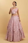 Buy_Aham-Vayam_Pink Net Embroidered Mirror Blunt V Neck Utsav Layered Lehenga Set _Online_at_Aza_Fashions