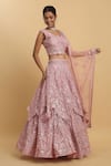 Shop_Aham-Vayam_Pink Net Embroidered Mirror Blunt V Neck Utsav Layered Lehenga Set _Online_at_Aza_Fashions