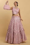 Buy_Aham-Vayam_Pink Net Embroidered Mirror Blunt V Neck Utsav Layered Lehenga Set 