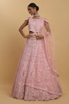 Buy_Aham-Vayam_Pink Net Embroidered Mirror Leaf Neck Drishti Lehenga Set _at_Aza_Fashions